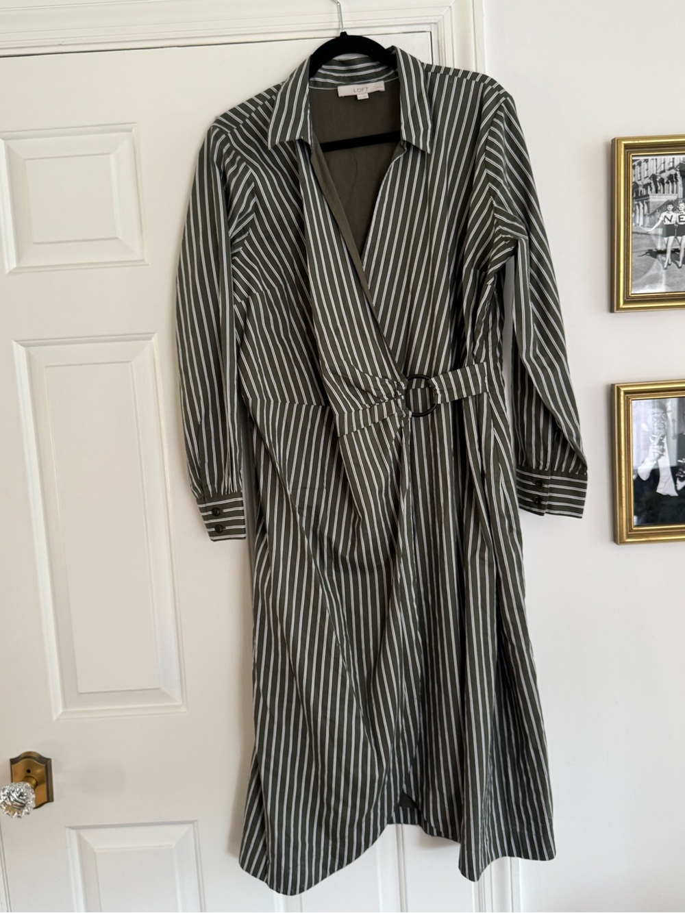 LOFT Olive and White Striped Long Sleeve Wrap Dress